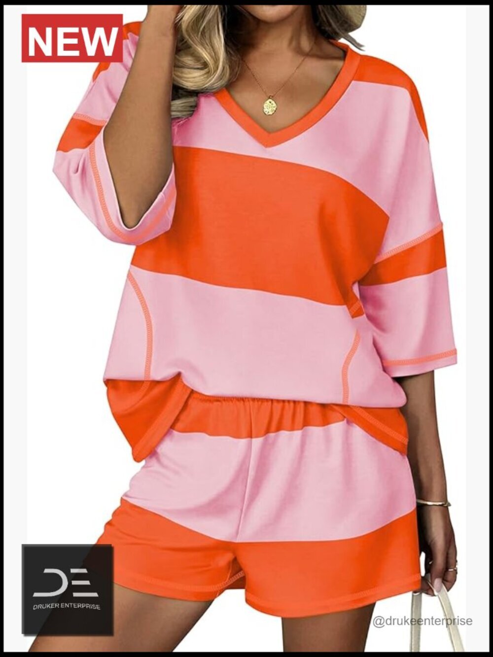 Women's Two Piece Lounge Set with Striped Shirt and Shorts